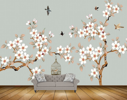 Avikalp MWZ1527 White Red Flowers Birds Cage HD Wallpaper