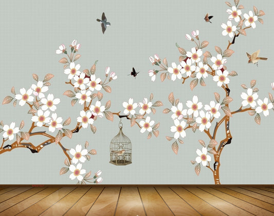 Avikalp MWZ1527 White Red Flowers Birds Cage 3D HD Wallpaper
