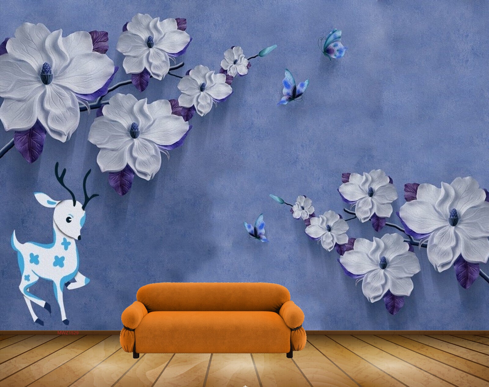 Avikalp MWZ1529 White Purple Flowers Butterflies Deers HD Wallpaper