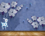 Avikalp MWZ1529 White Purple Flowers Butterflies Deers 3D HD Wallpaper