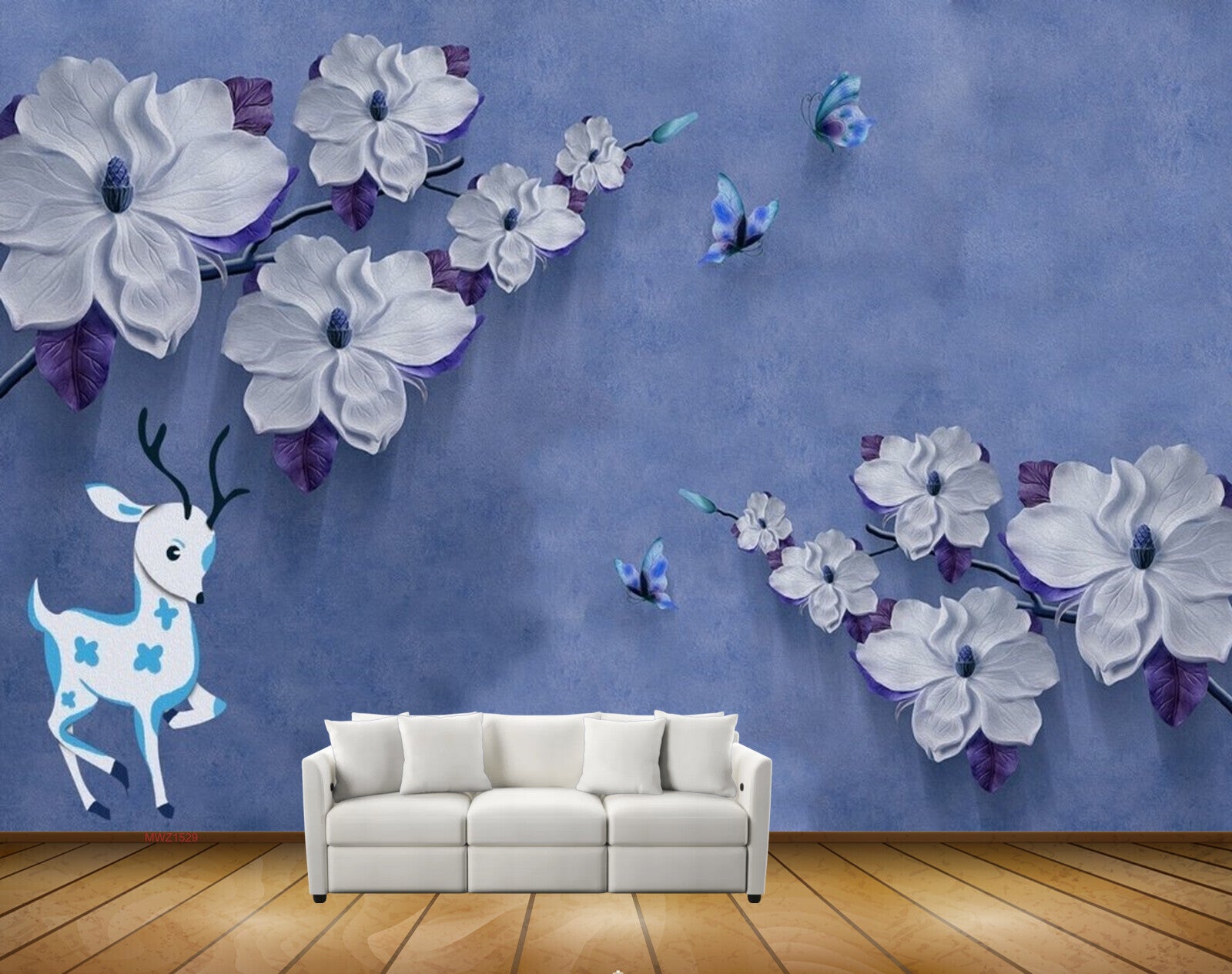 Avikalp MWZ1529 White Purple Flowers Butterflies Deers 3D HD Wallpaper