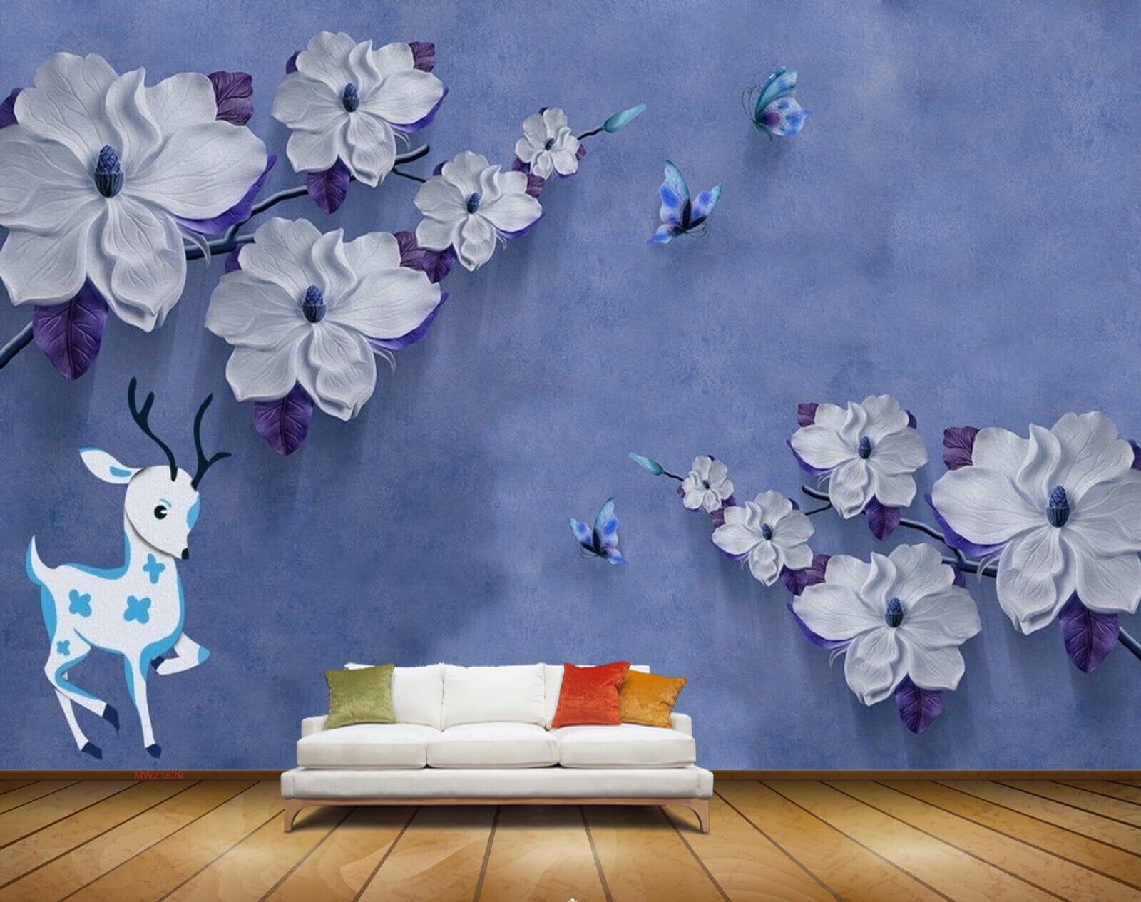 Avikalp MWZ1529 White Purple Flowers Butterflies Deers 3D HD Wallpaper