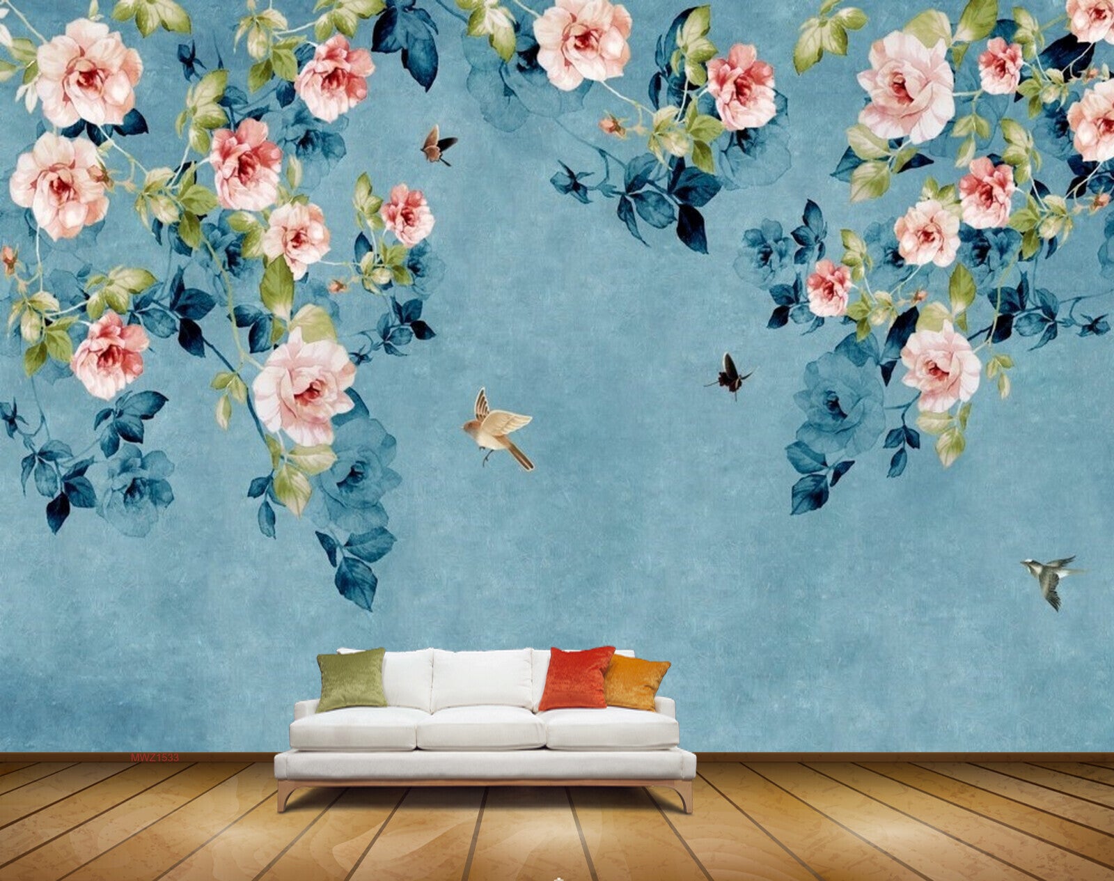 Avikalp MWZ1533 White Pink Butterflies Birds 3D HD Wallpaper