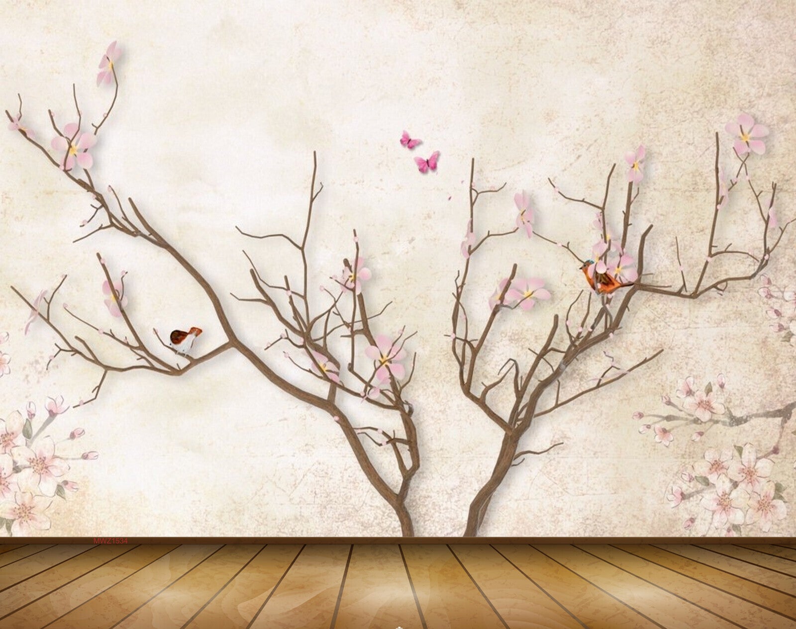 Avikalp MWZ1534 Pink White Flowers Tree Birds Butterflies 3D HD Wallpaper