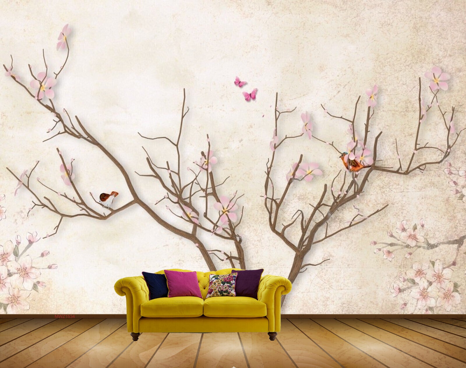 Avikalp MWZ1534 Pink White Flowers Tree Birds Butterflies 3D HD Wallpaper