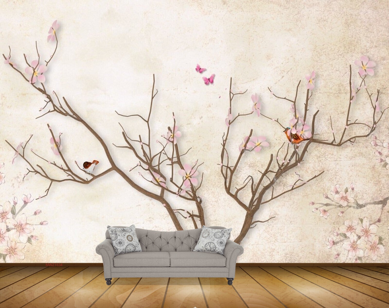 Avikalp MWZ1534 Pink White Flowers Tree Birds Butterflies 3D HD Wallpaper