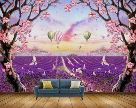 Avikalp MWZ1535 Pink White Butterflies Parachutes Birds Trees HD Wallpaper