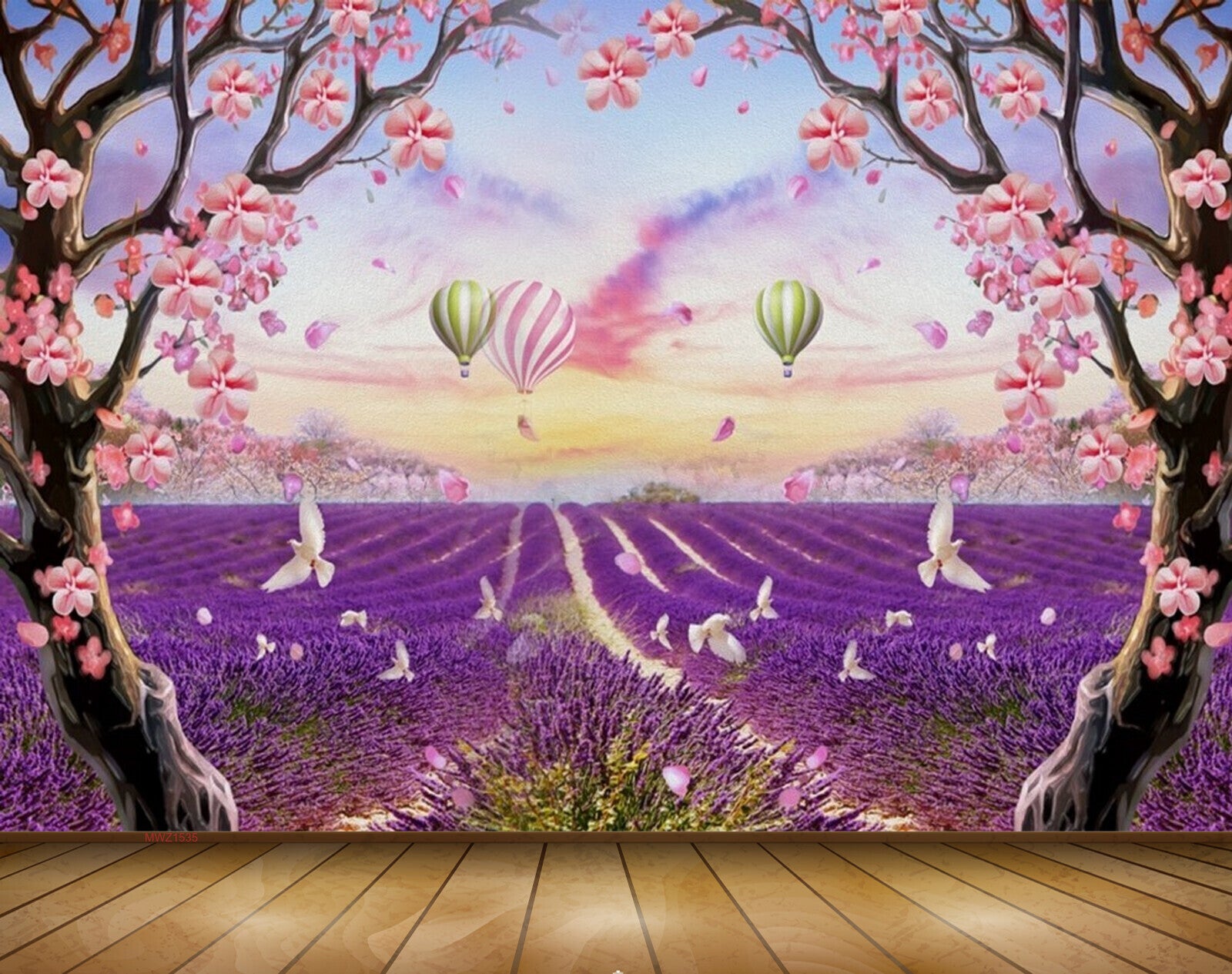 Avikalp MWZ1535 Pink White Butterflies Parachutes Birds Trees 3D HD Wallpaper