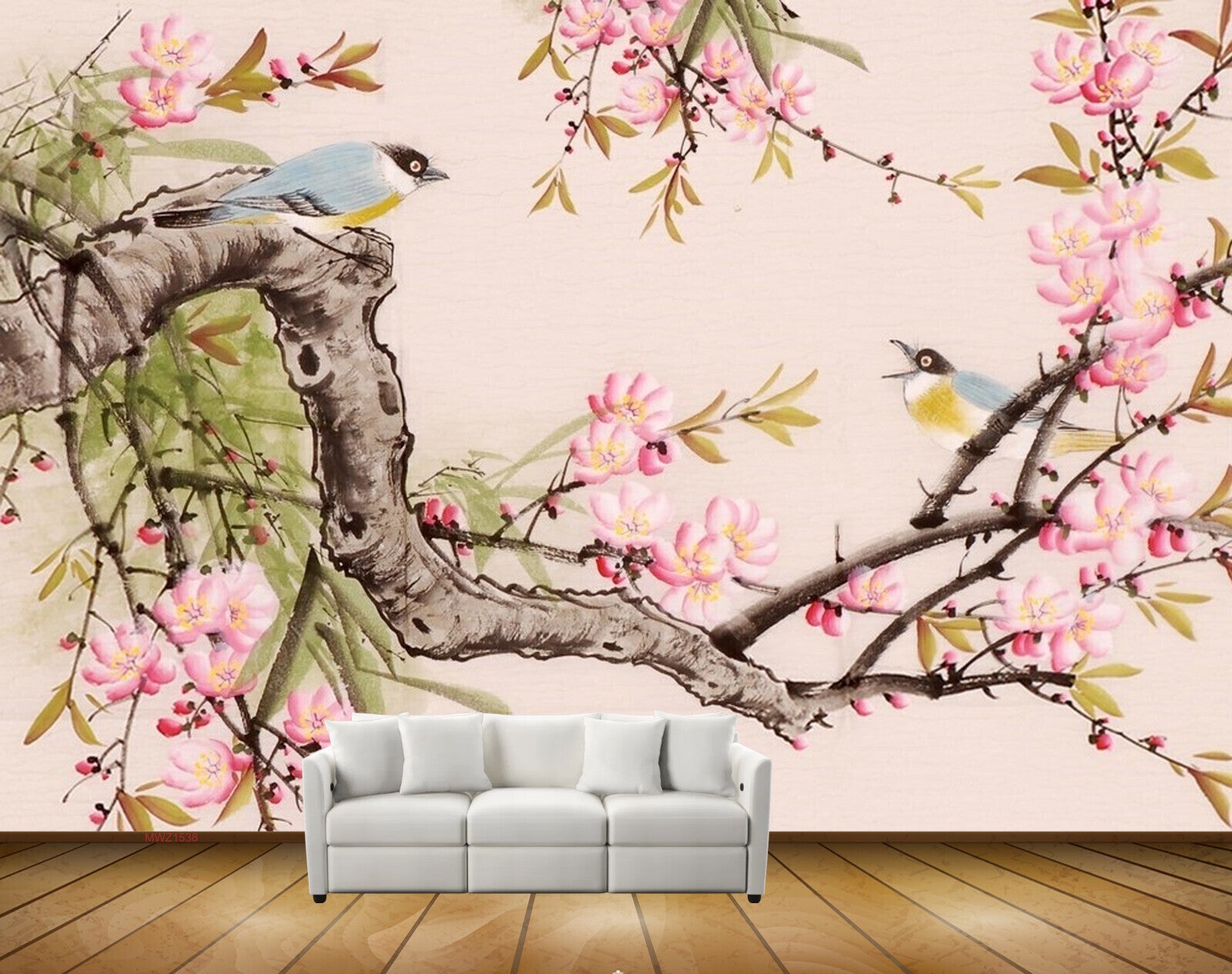 Avikalp MWZ1538 White Pink Flowers Birds Branches HD Wallpaper