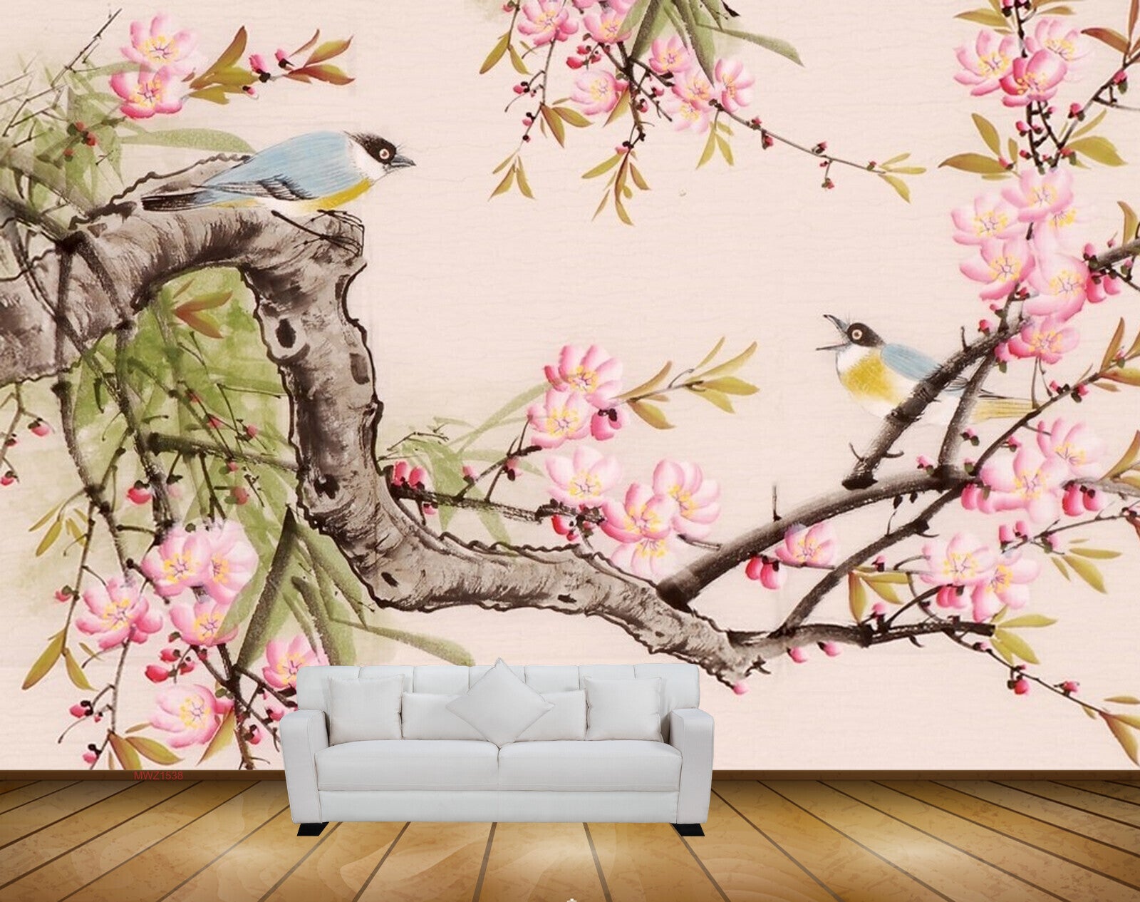 Avikalp MWZ1538 White Pink Flowers Birds Branches 3D HD Wallpaper