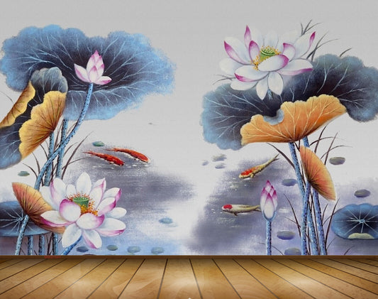 Avikalp MWZ1541 Pink White Flowers Fishes Leaves 3D HD Wallpaper