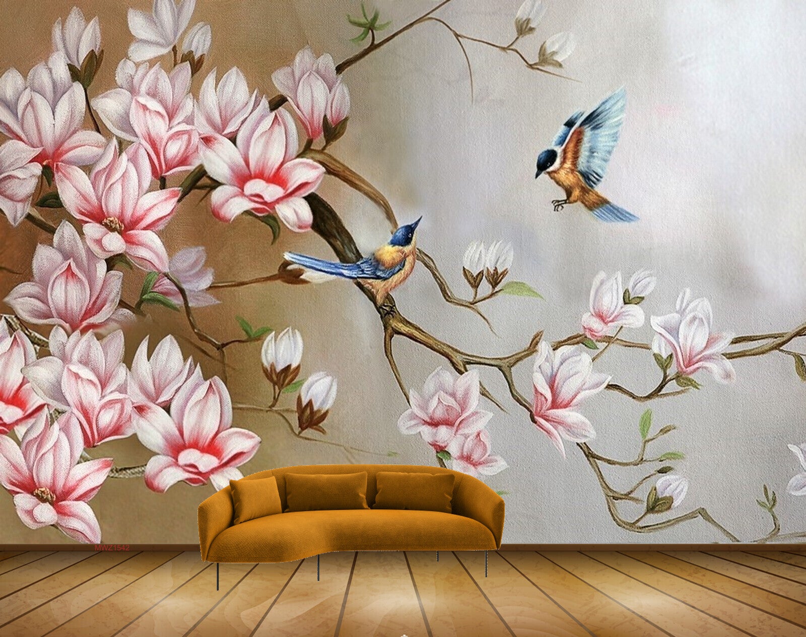 Avikalp MWZ1542 Pink White Flowers Birds HD Wallpaper