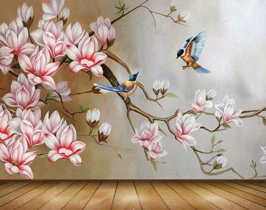 Avikalp MWZ1542 Pink White Flowers Birds 3D HD Wallpaper