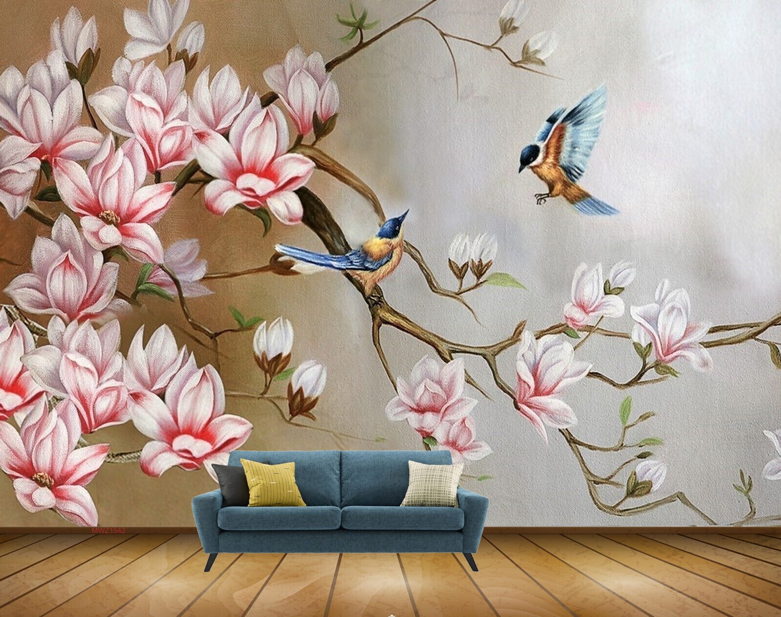 Avikalp MWZ1542 Pink White Flowers Birds 3D HD Wallpaper