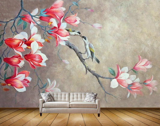 Avikalp MWZ1544 Pink White Flowers Branches Birds HD Wallpaper