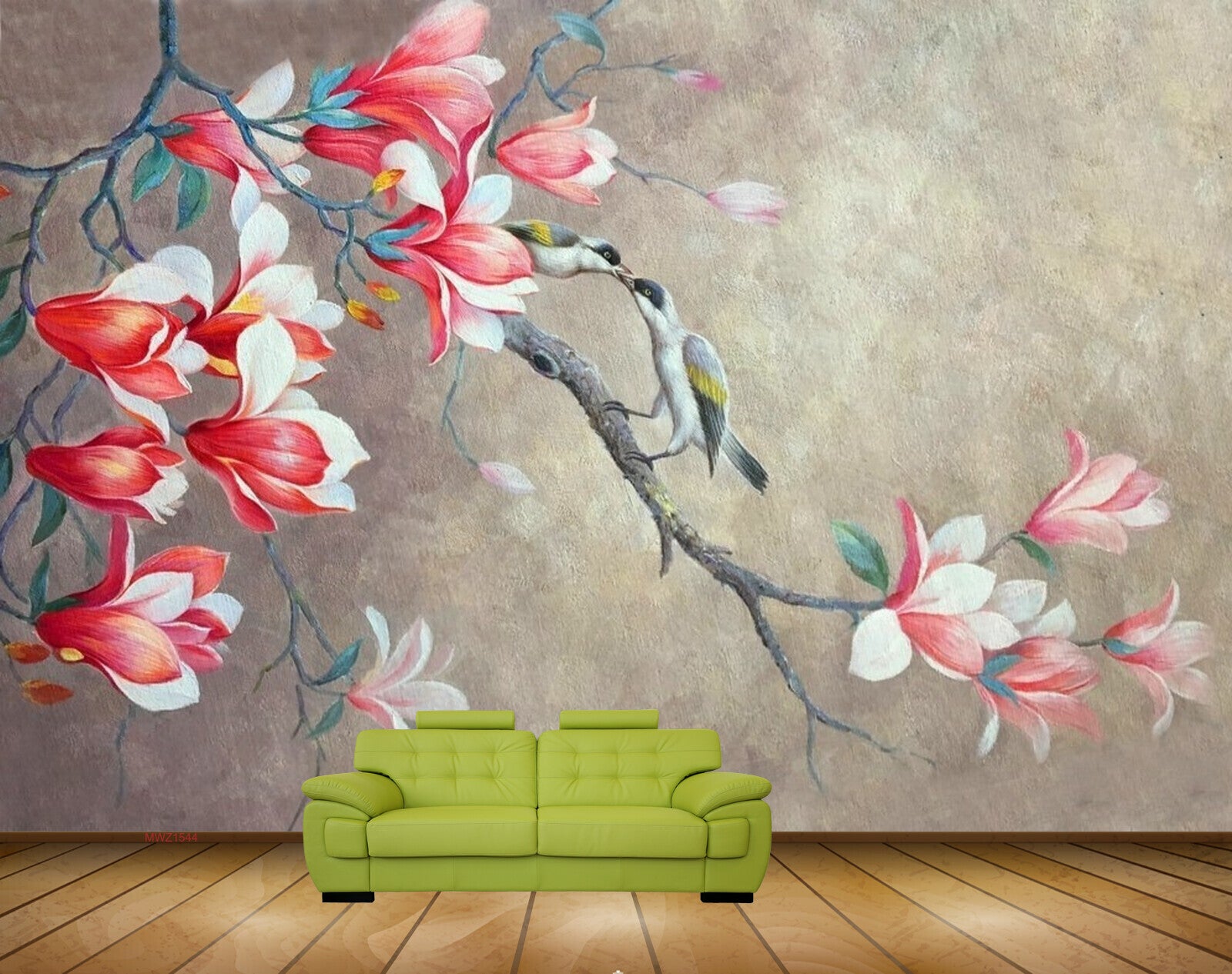 Avikalp MWZ1544 Pink White Flowers Branches Birds 3D HD Wallpaper
