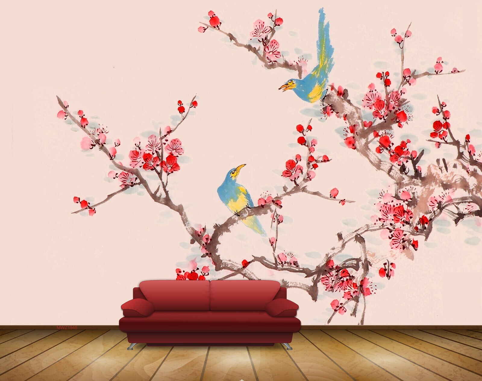 Avikalp MWZ1545 Pink White Flowers Birds Branches HD Wallpaper