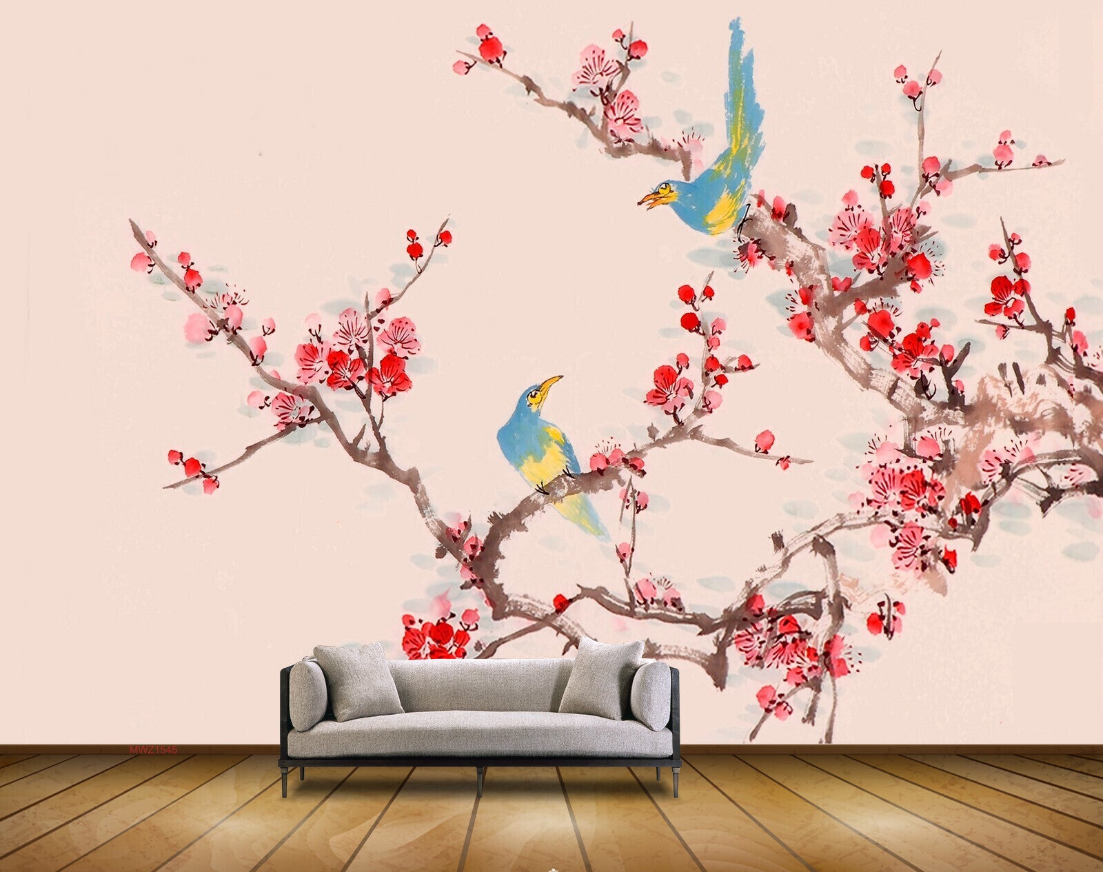 Avikalp MWZ1545 Pink White Flowers Birds Branches 3D HD Wallpaper