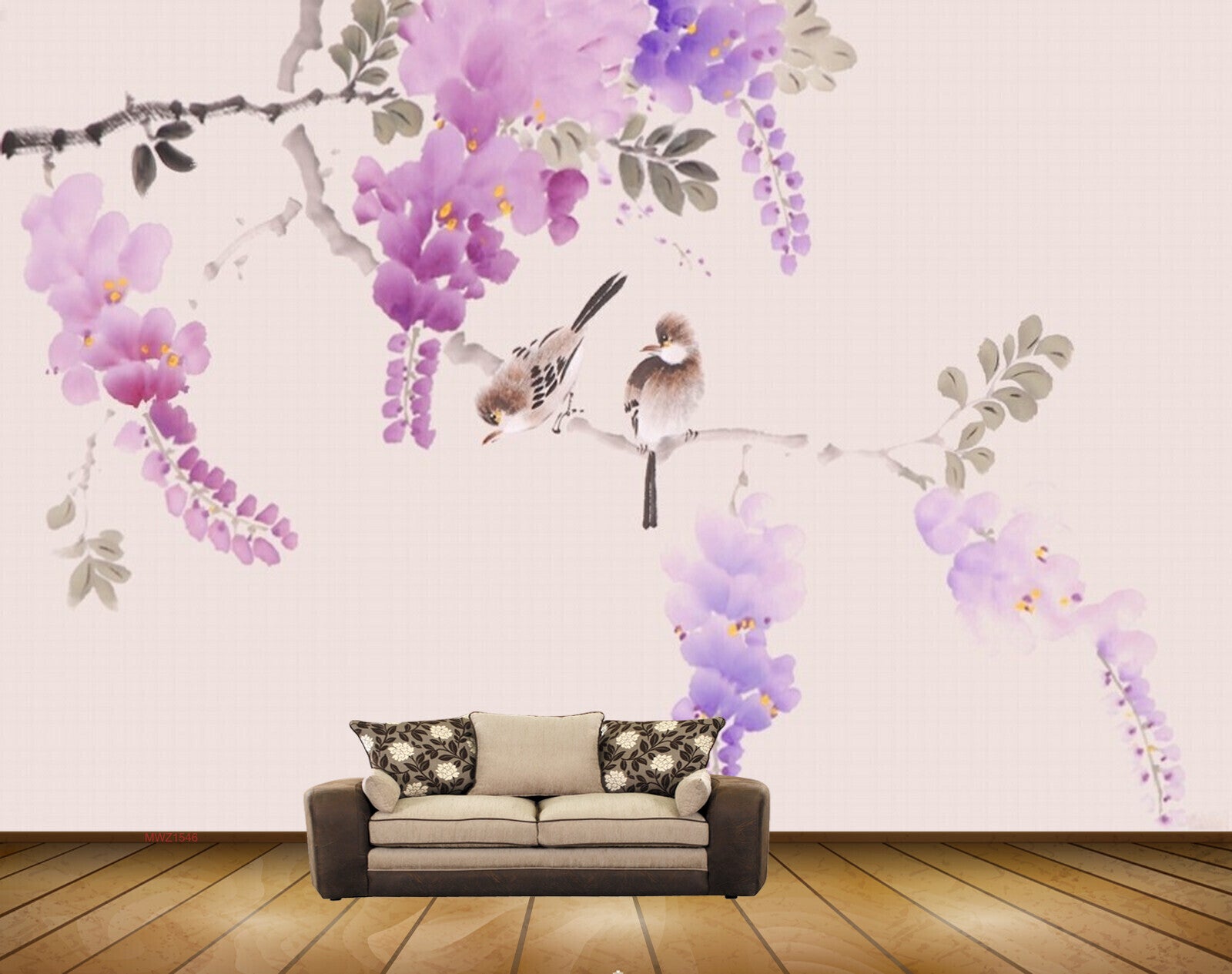 Avikalp MWZ1546 Pink Purple Flowers Birds HD Wallpaper