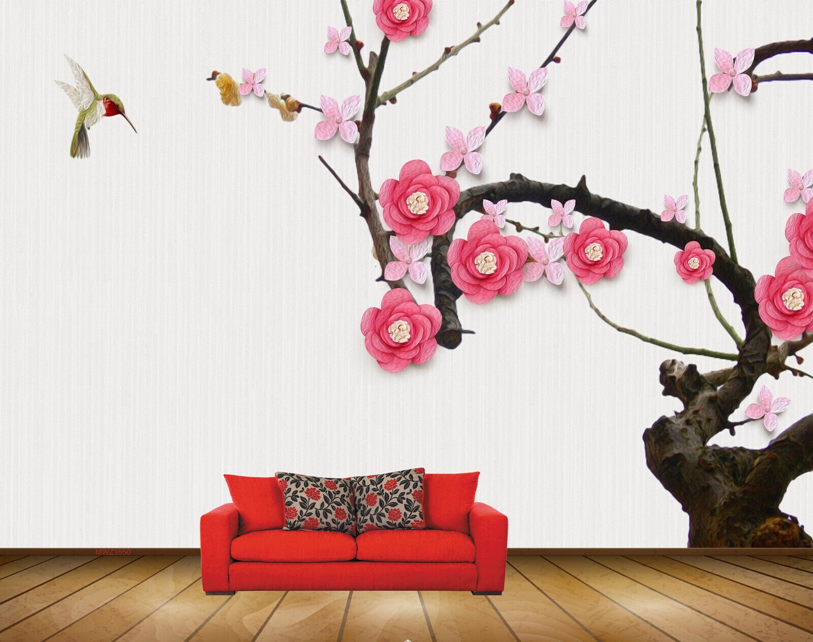 Avikalp MWZ1550 Pink White Flowers Branches Birds HD Wallpaper