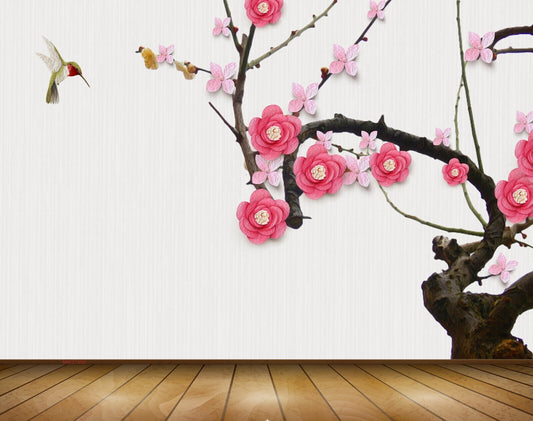 Avikalp MWZ1550 Pink White Flowers Branches Birds 3D HD Wallpaper