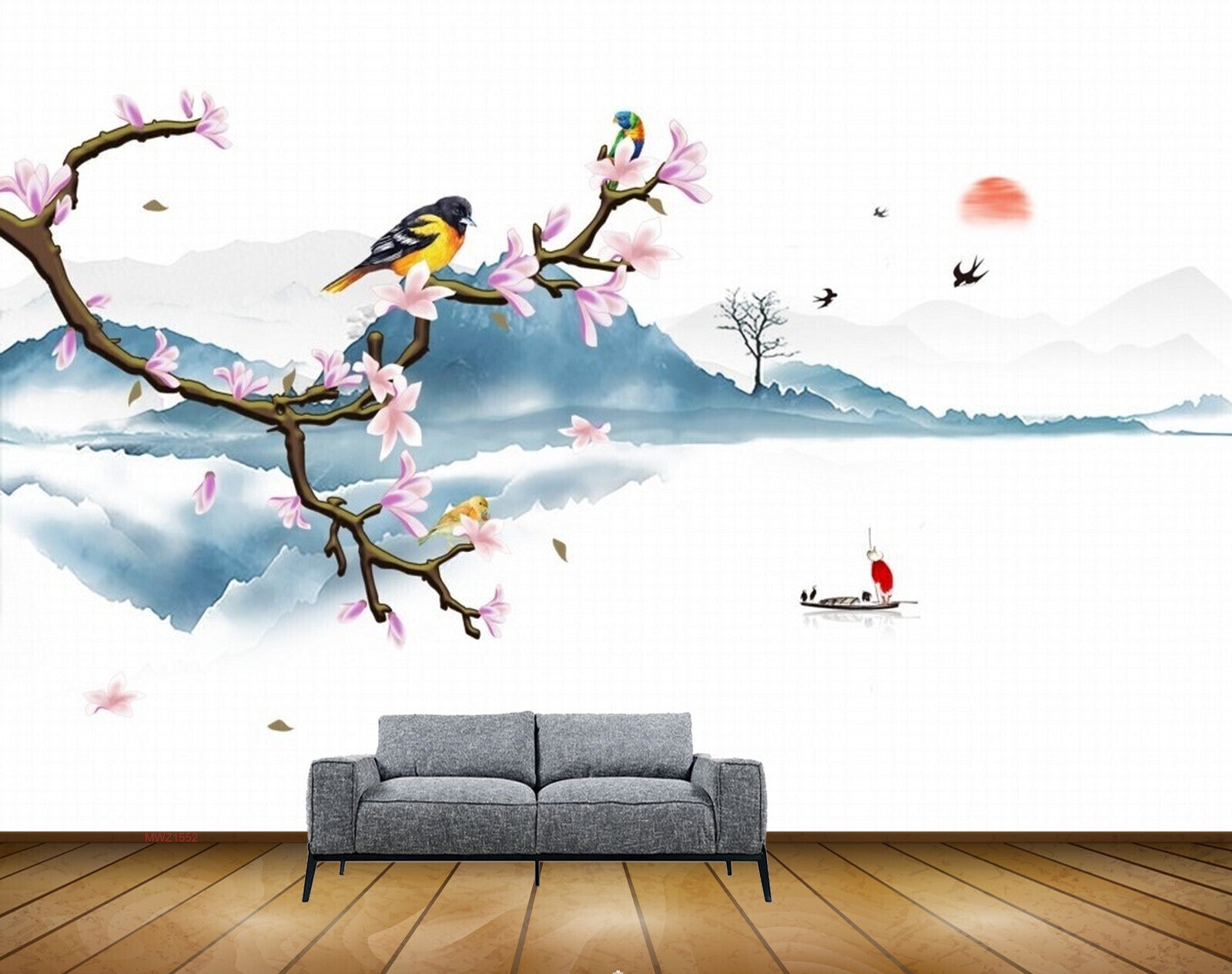 Avikalp MWZ1552 Pink White Flowers Branches Birds Boat HD Wallpaper