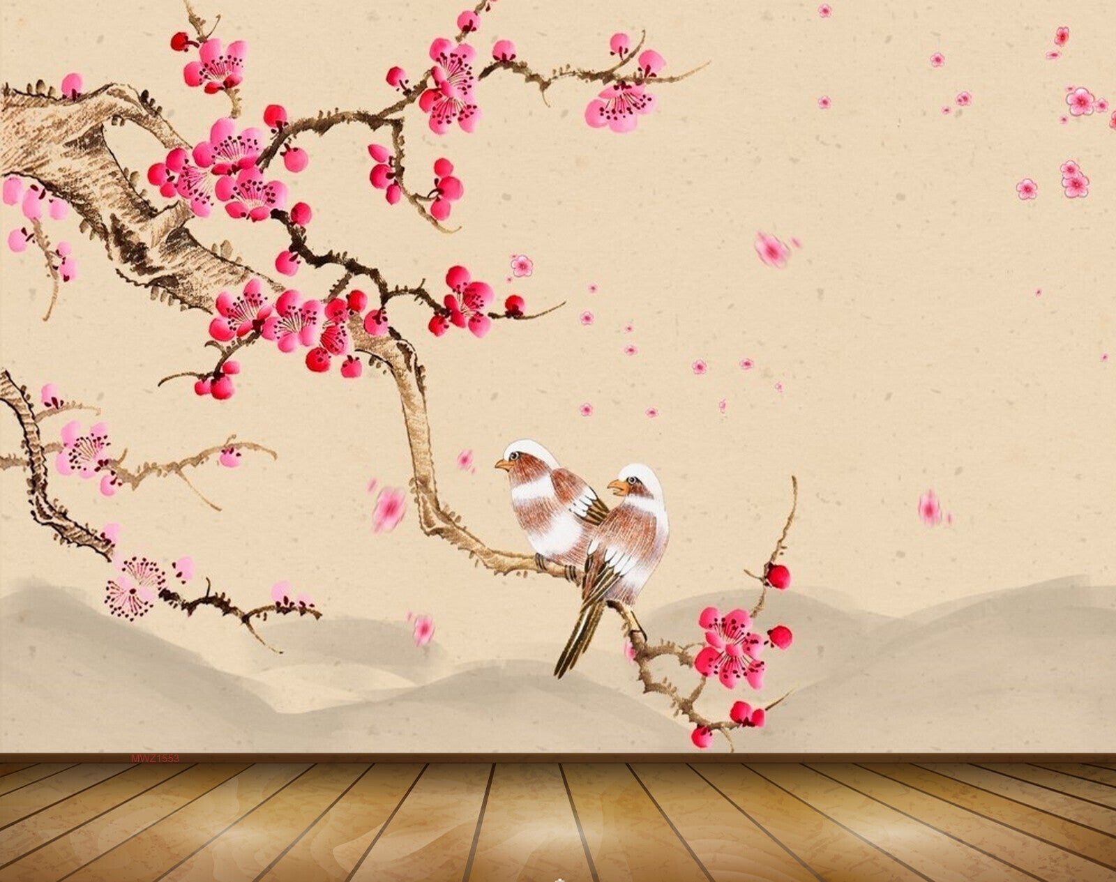 Avikalp MWZ1553 Pink White Flowers Branches Birds 3D HD Wallpaper