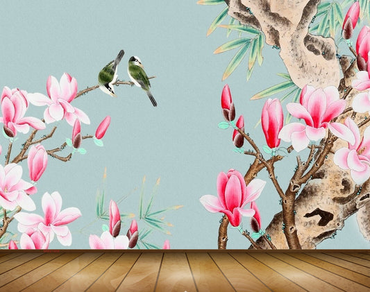 Avikalp MWZ1555 Pink White Flowers Birds 3D HD Wallpaper