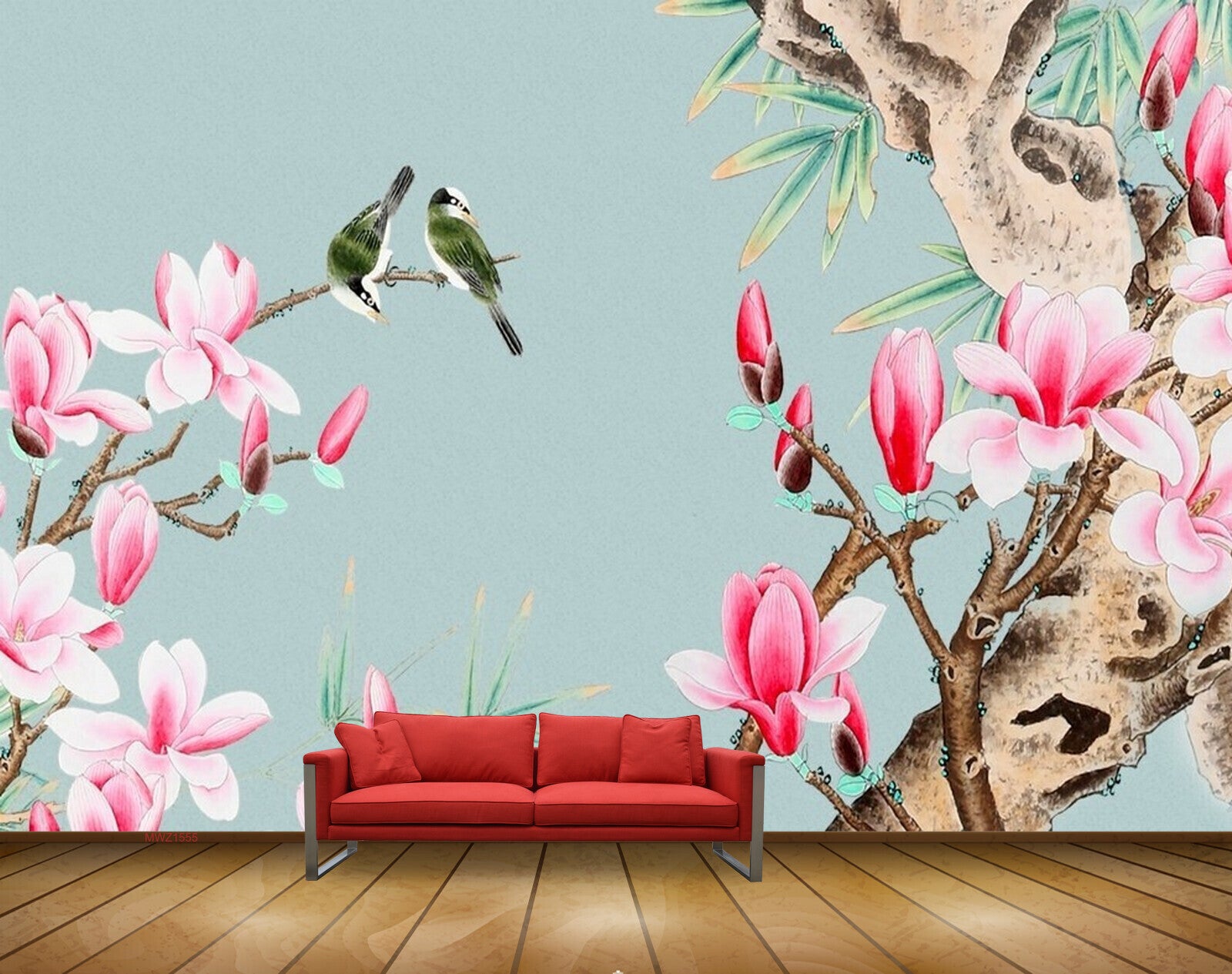 Avikalp MWZ1555 Pink White Flowers Birds 3D HD Wallpaper