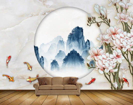 Avikalp MWZ1557 White Pink Flowers Fishes Moon HD Wallpaper
