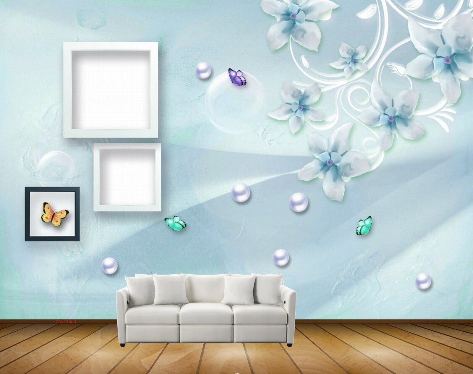 Avikalp MWZ1558 White Green Flowers Butterflies HD Wallpaper