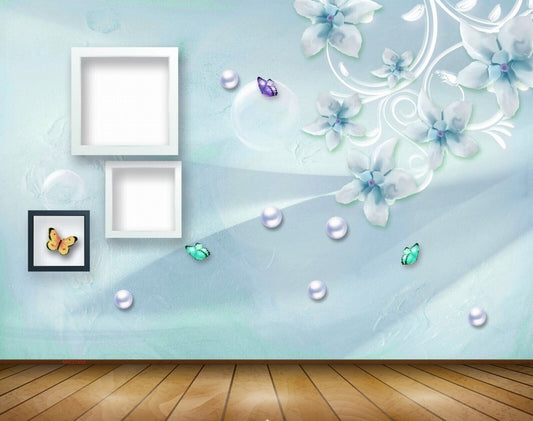 Avikalp MWZ1558 White Green Flowers Butterflies 3D HD Wallpaper