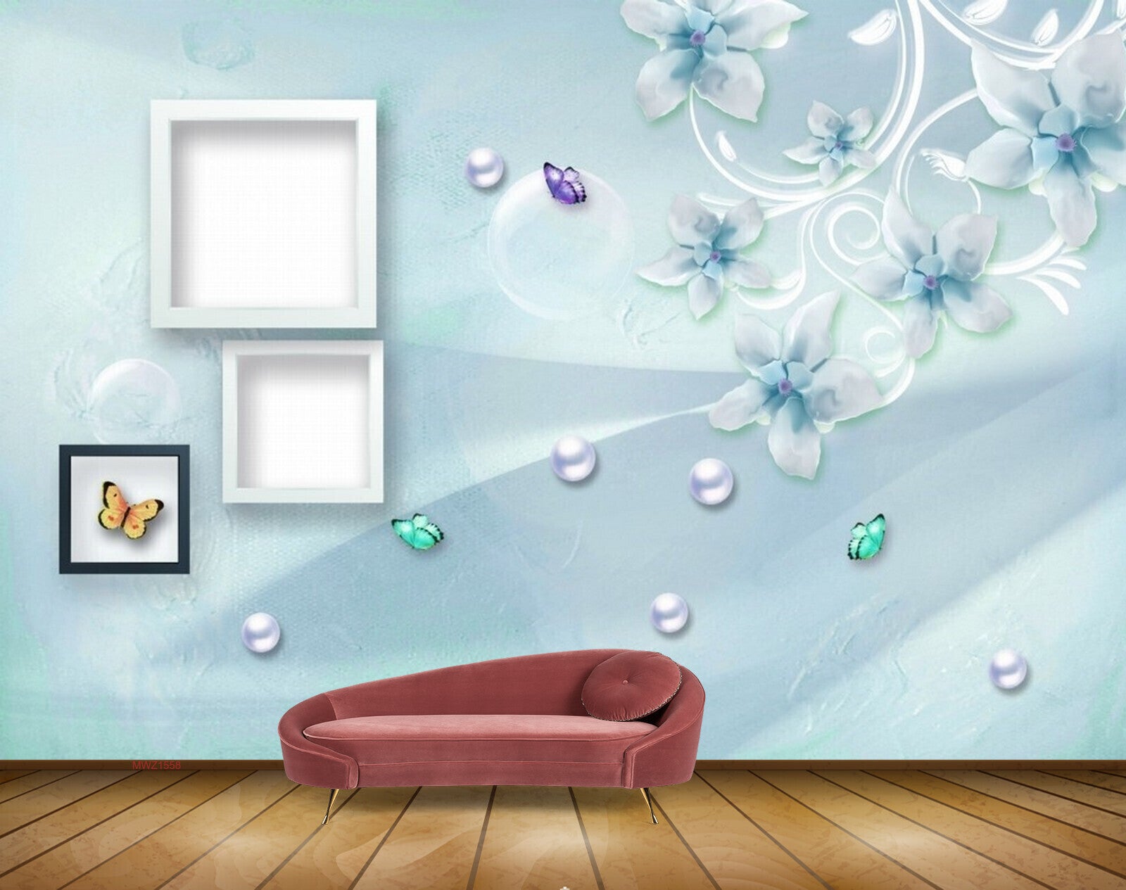 Avikalp MWZ1558 White Green Flowers Butterflies 3D HD Wallpaper