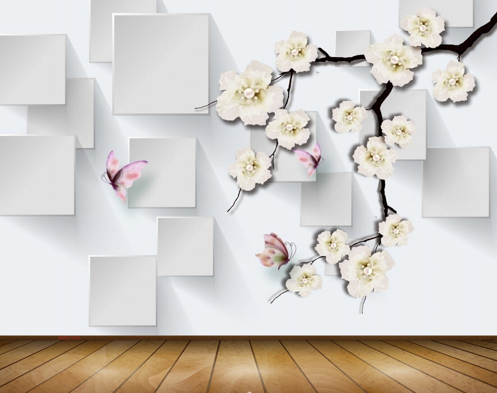 Avikalp MWZ1559 White Flowers Butterflies 3D HD Wallpaper
