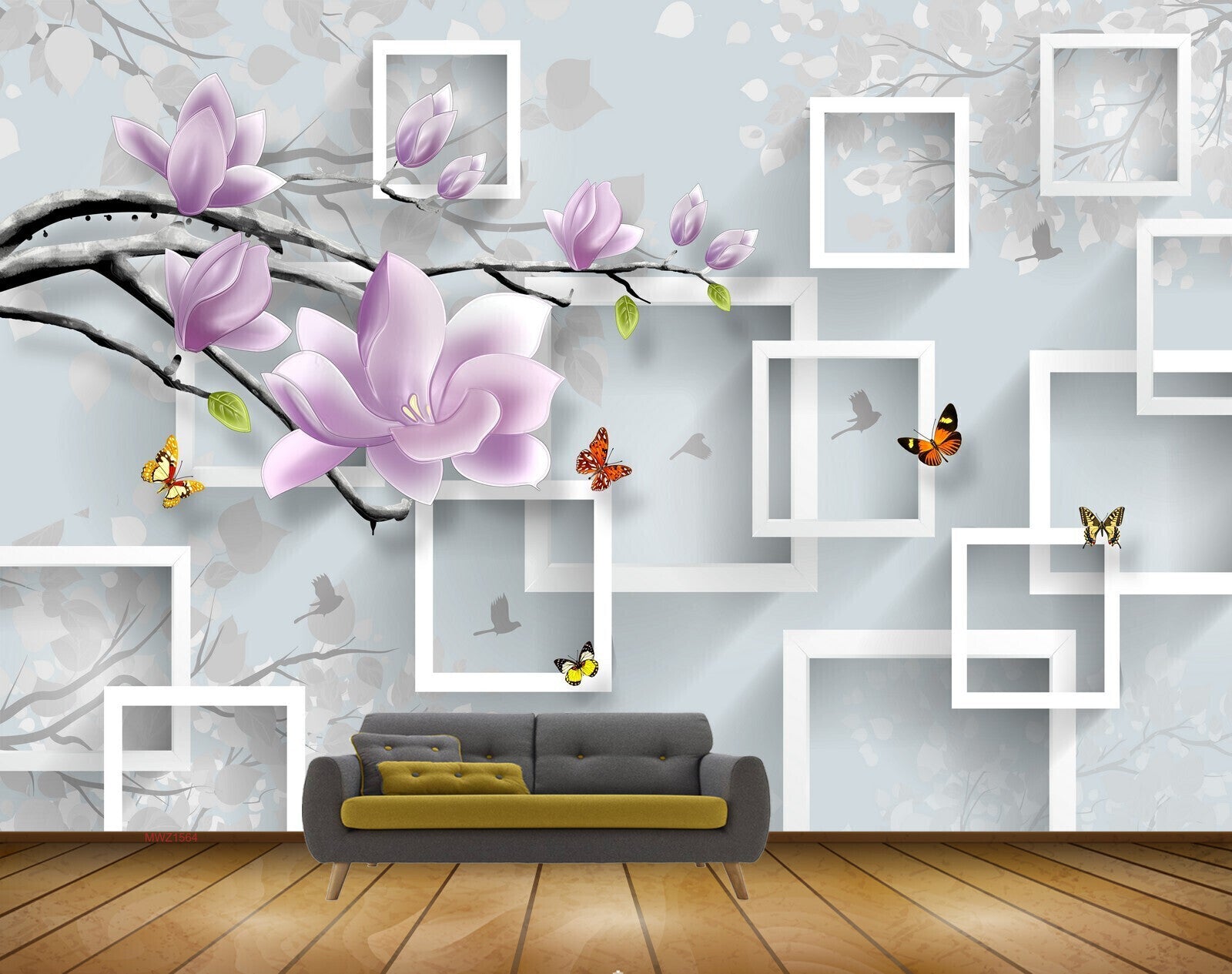 Avikalp MWZ1564 Pink White Flowers Butterflies 3D HD Wallpaper