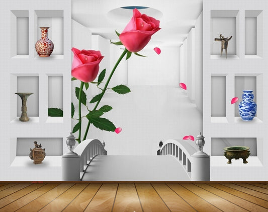 Avikalp MWZ1565 Red Rose Flowers Pots 3D HD Wallpaper