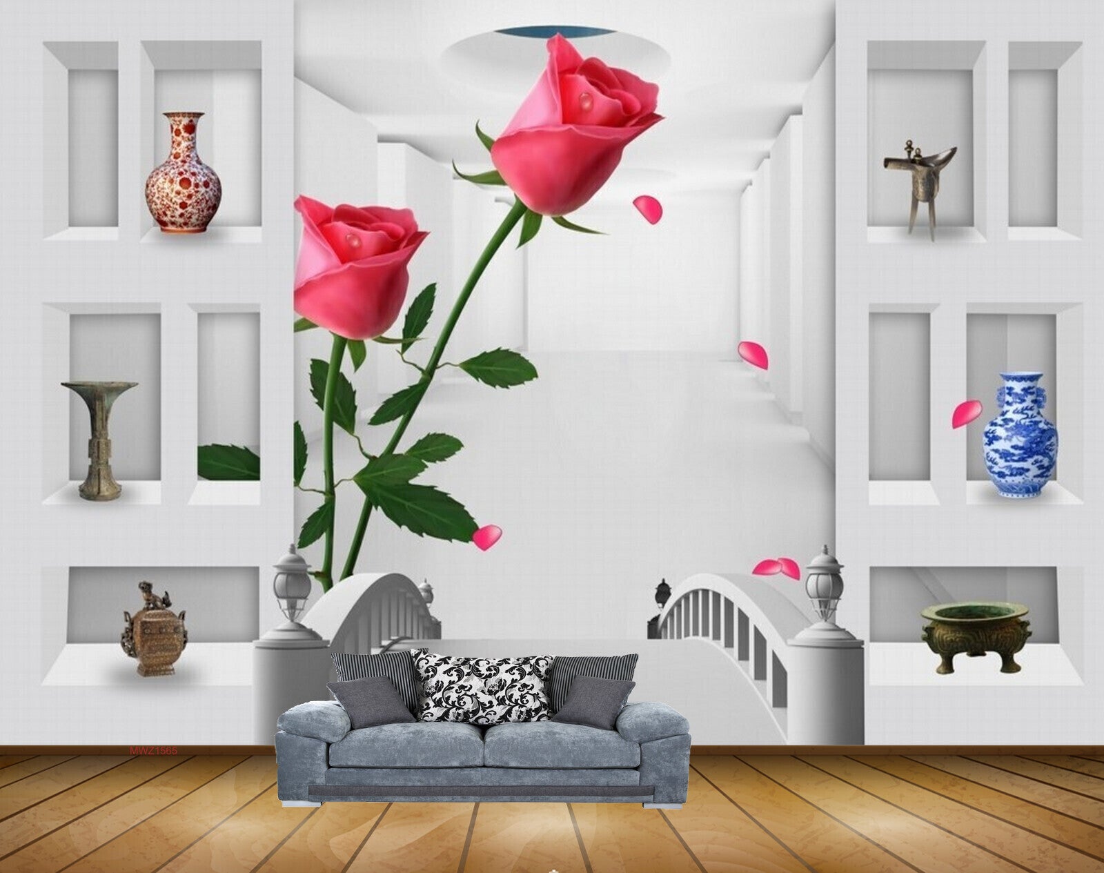 Avikalp MWZ1565 Red Rose Flowers Pots 3D HD Wallpaper