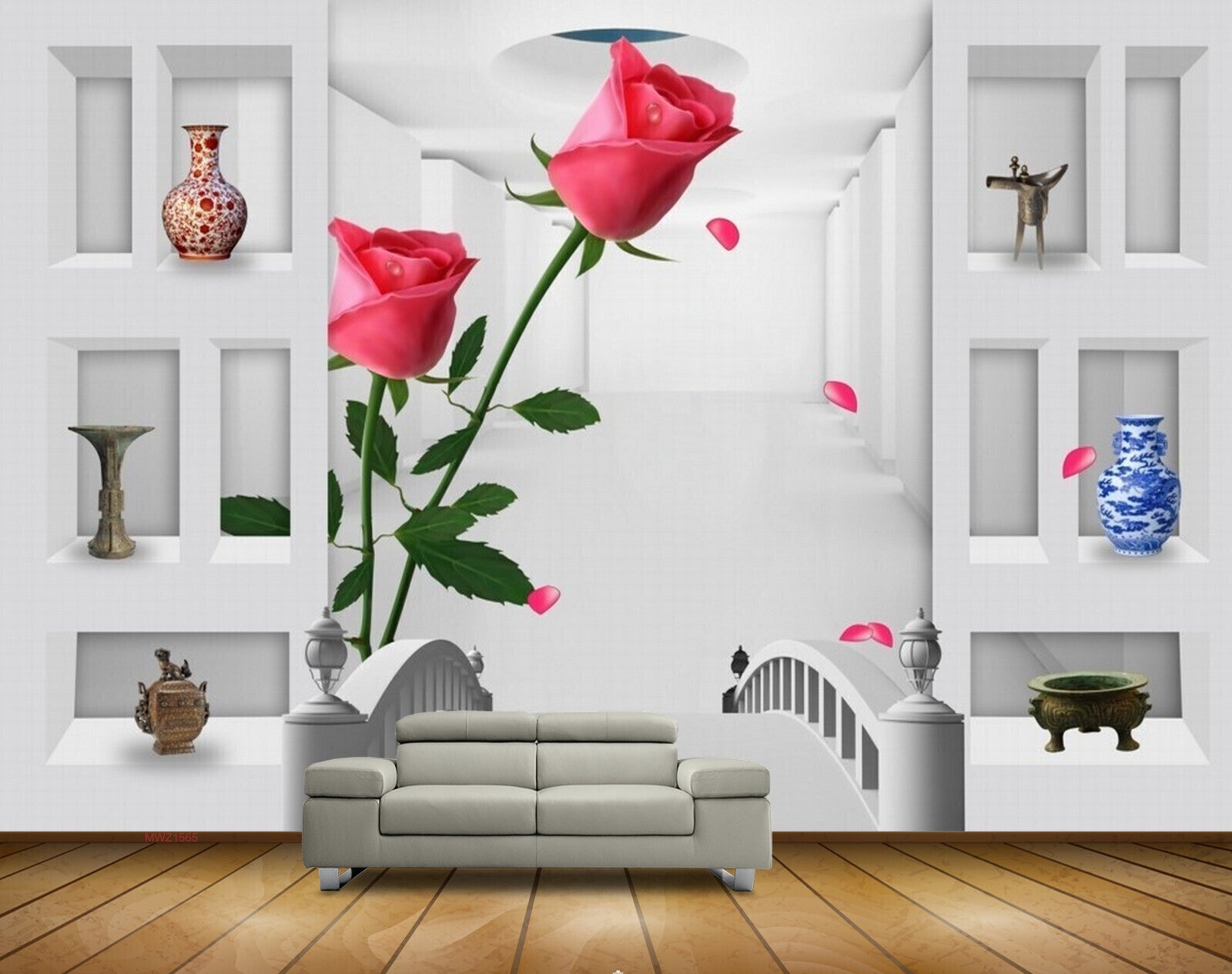 Avikalp MWZ1565 Red Rose Flowers Pots 3D HD Wallpaper