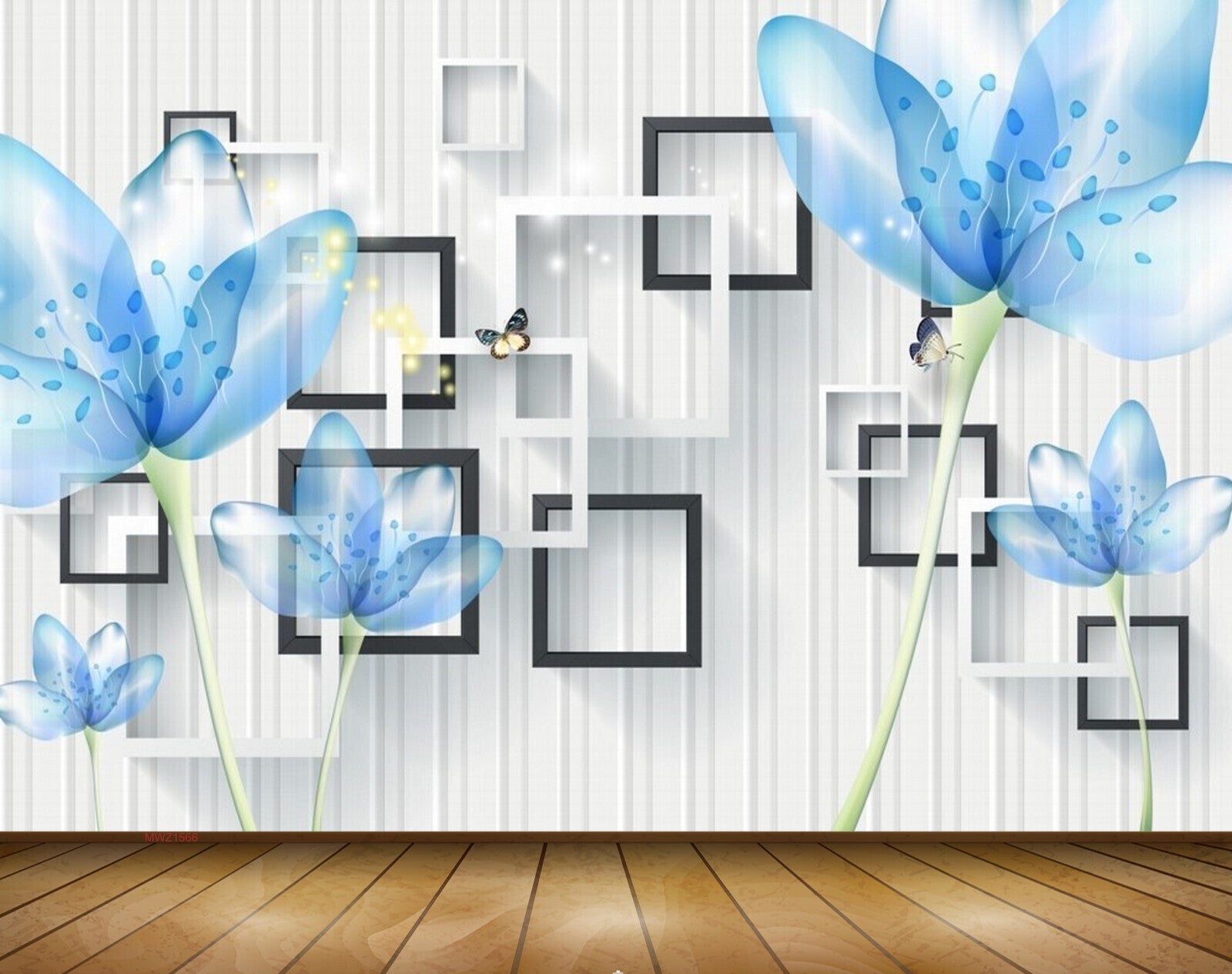 Avikalp MWZ1566 Blue Flowers Butterflies 3D HD Wallpaper
