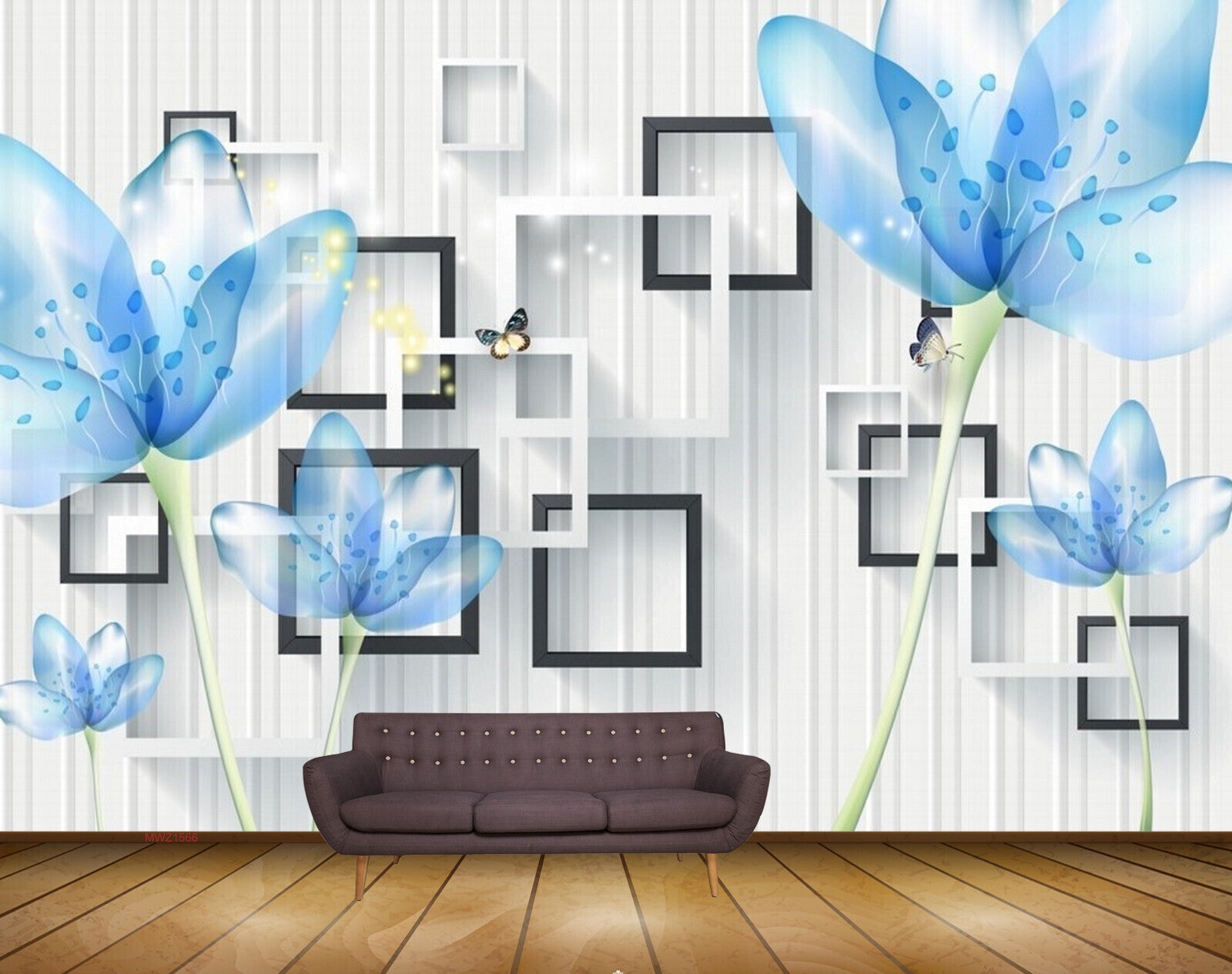 Avikalp MWZ1566 Blue Flowers Butterflies 3D HD Wallpaper