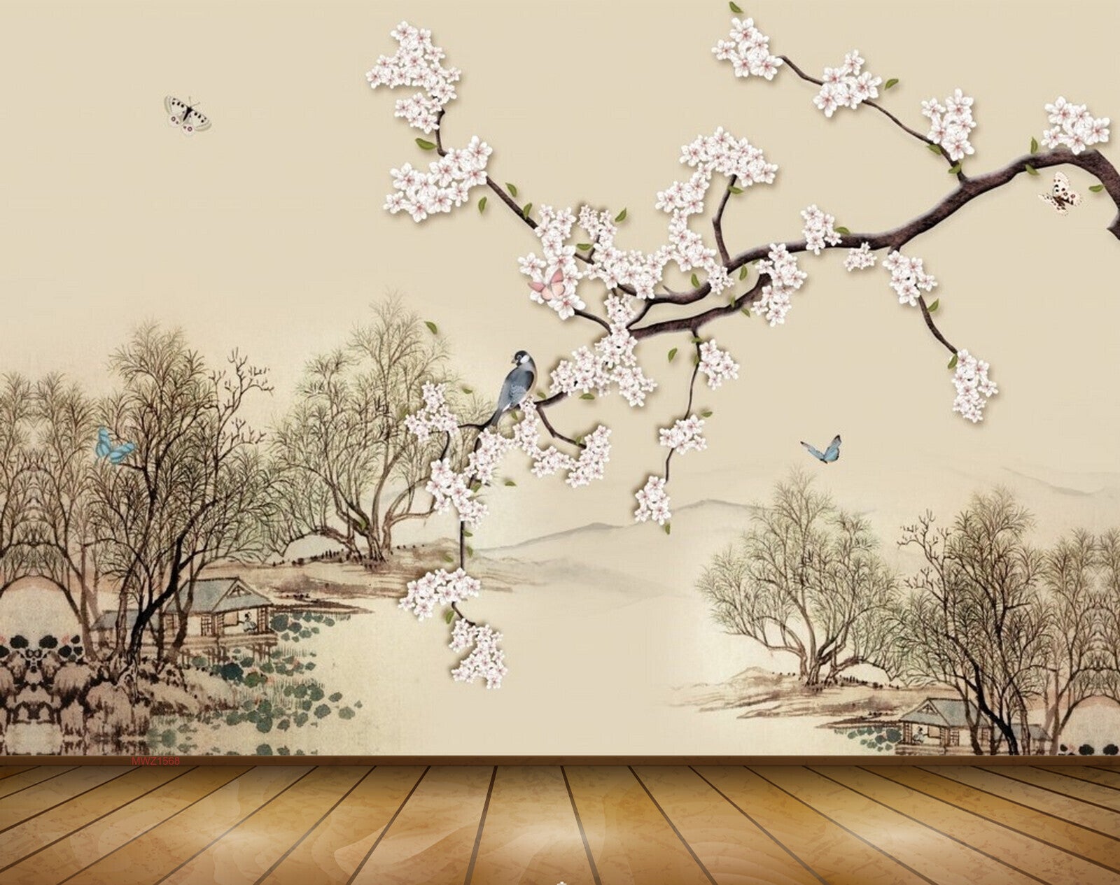 Avikalp MWZ1568 White Flowers Birds Trees Butterflies 3D HD Wallpaper