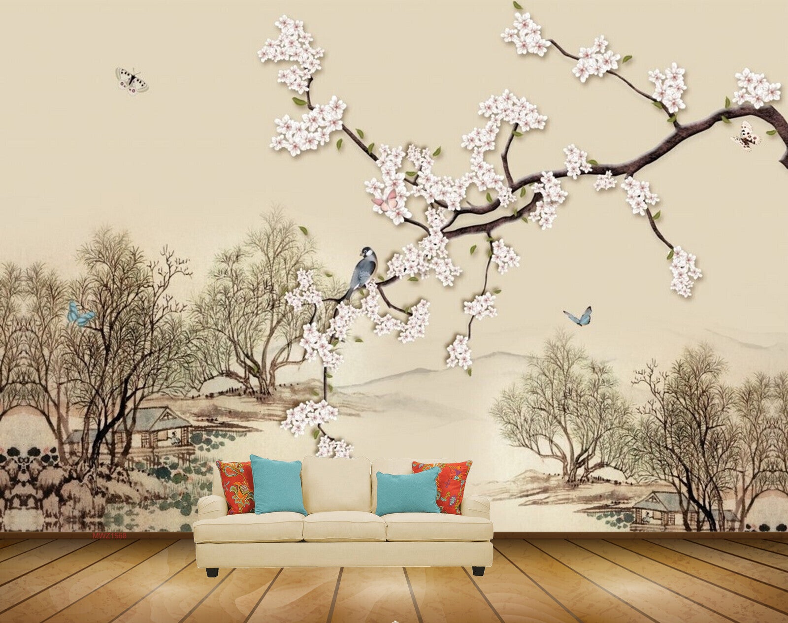 Avikalp MWZ1568 White Flowers Birds Trees Butterflies 3D HD Wallpaper