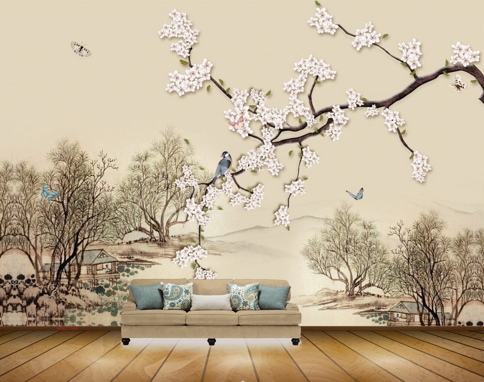 Avikalp MWZ1568 White Flowers Birds Trees Butterflies 3D HD Wallpaper