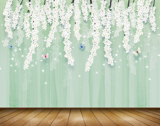 Avikalp MWZ1570 White Flowers Butterflies 3D HD Wallpaper