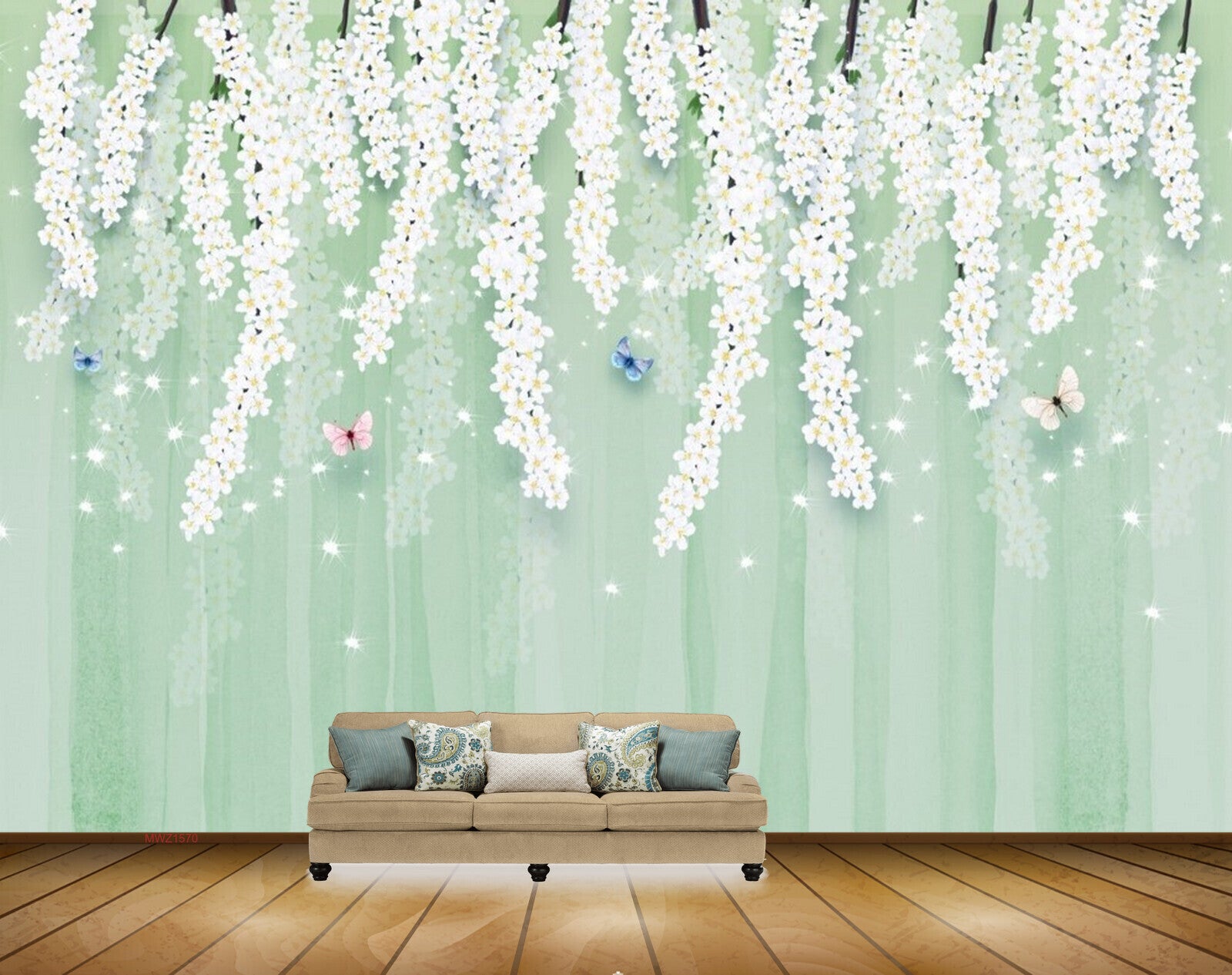 Avikalp MWZ1570 White Flowers Butterflies 3D HD Wallpaper