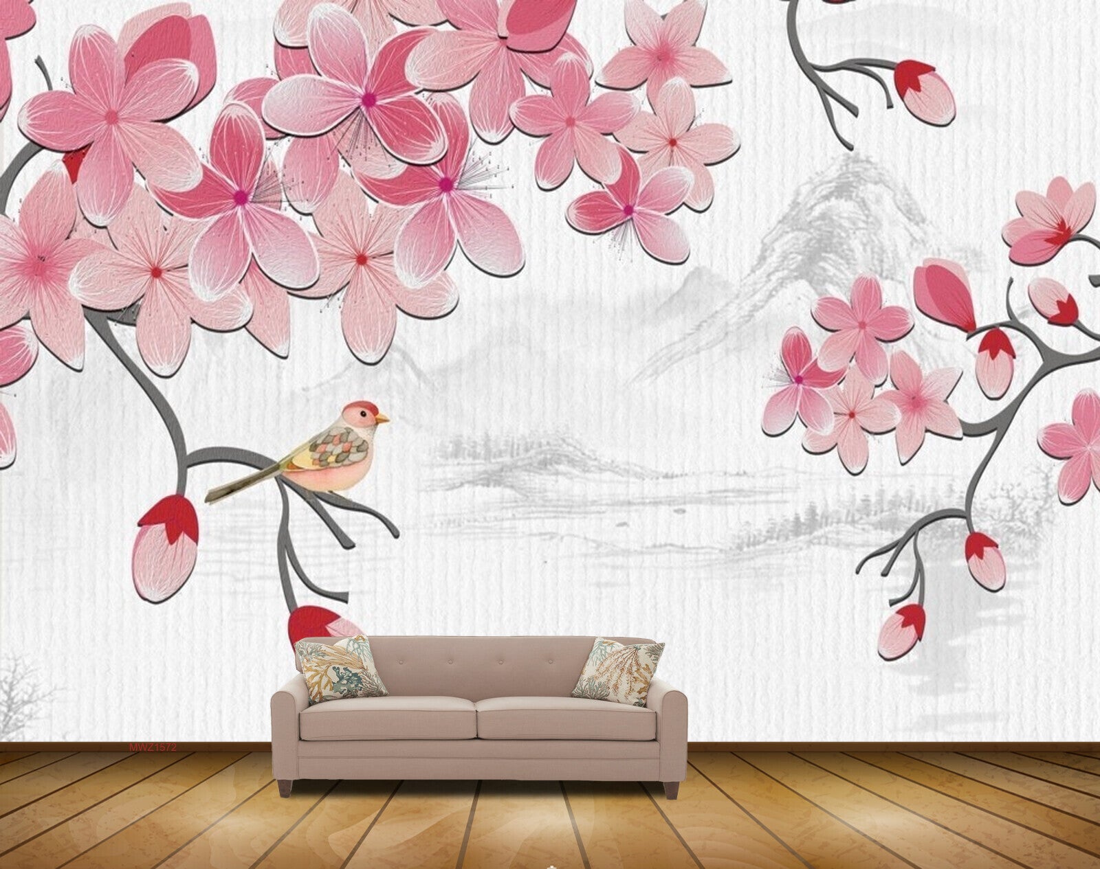 Avikalp MWZ1572 Pink White Flowers Bird HD Wallpaper