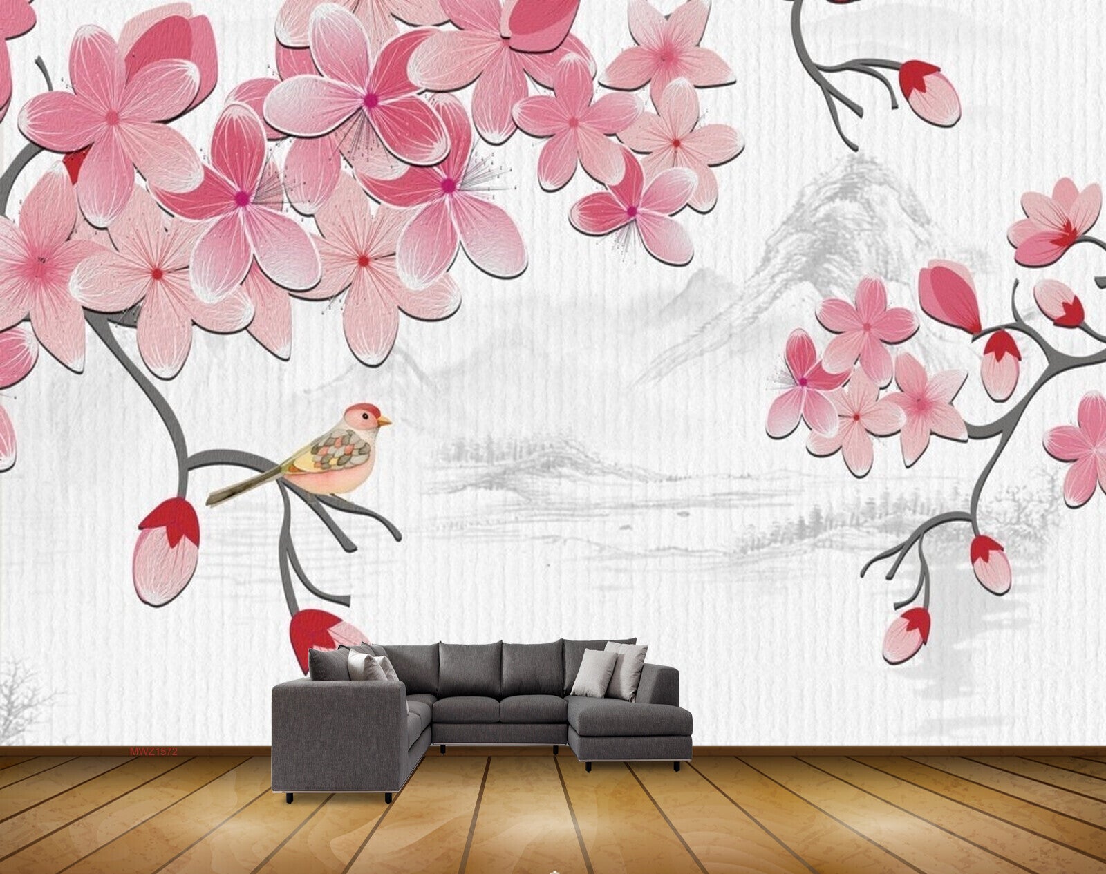 Avikalp MWZ1572 Pink White Flowers Bird 3D HD Wallpaper