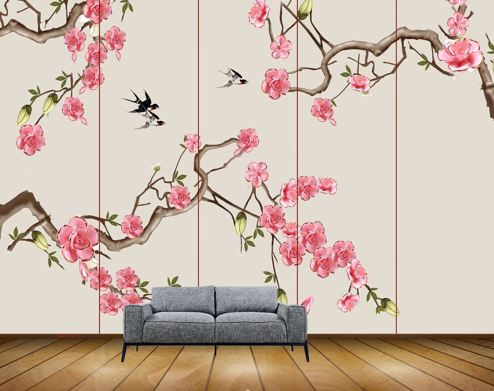 Avikalp MWZ1574 Pink Flowers Branches Birds HD Wallpaper