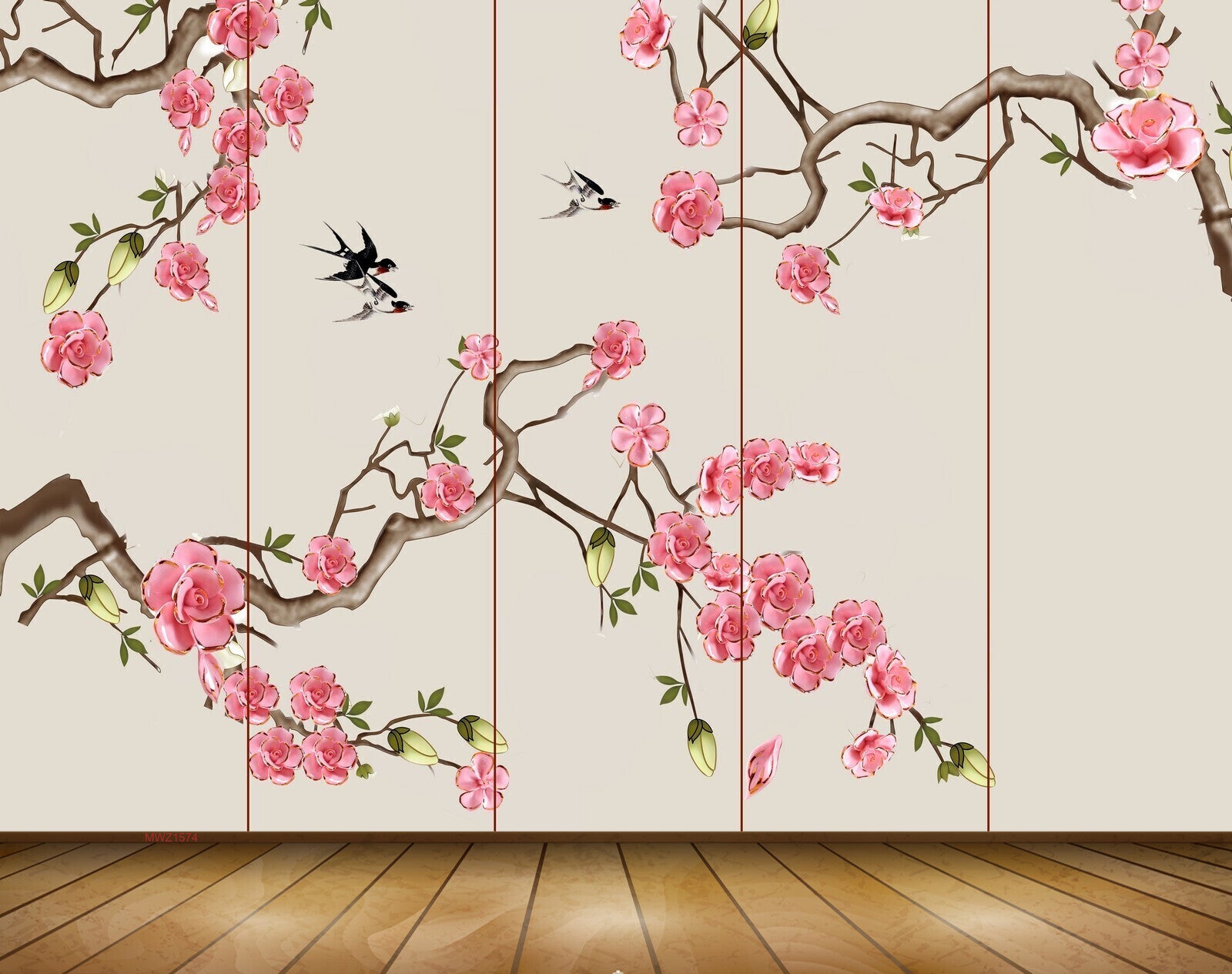 Avikalp MWZ1574 Pink Flowers Branches Birds 3D HD Wallpaper
