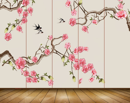 Avikalp MWZ1574 Pink Flowers Branches Birds 3D HD Wallpaper